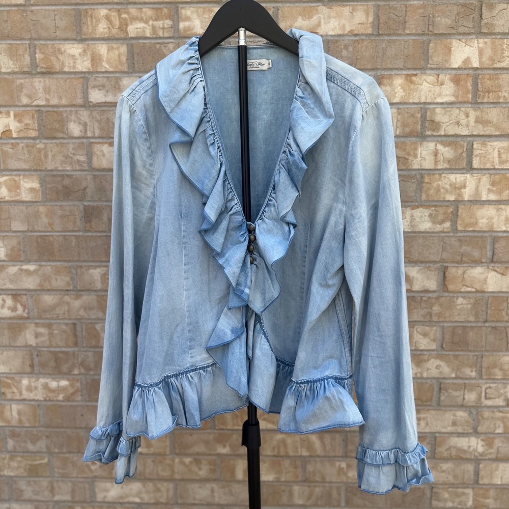 Tasha Polizzi Collection Chambray Ruffle Trim Bell Sleeve Top XL Denim V-Neck